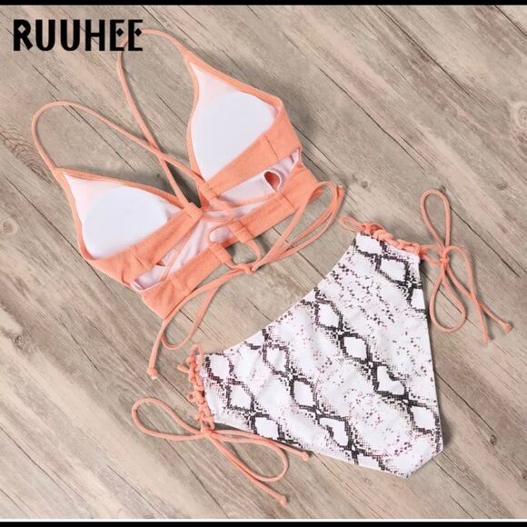High Waist Snakeskin Print 2 Piece Lace up Bikini - Picture 3 of 5